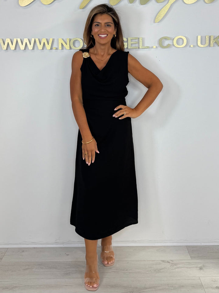 Gold Detail Cowl Neck Smocked Back Midi Dress (5 Colours)