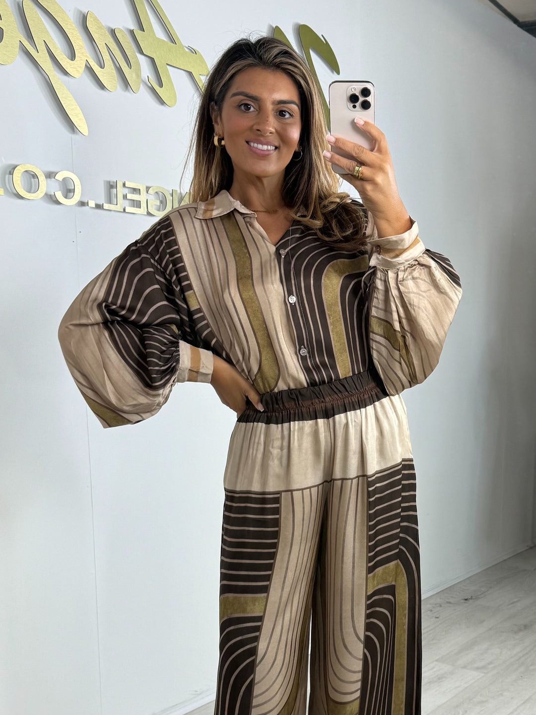 Block Stripe Print Satin Shirt & Trouser Co-Ord