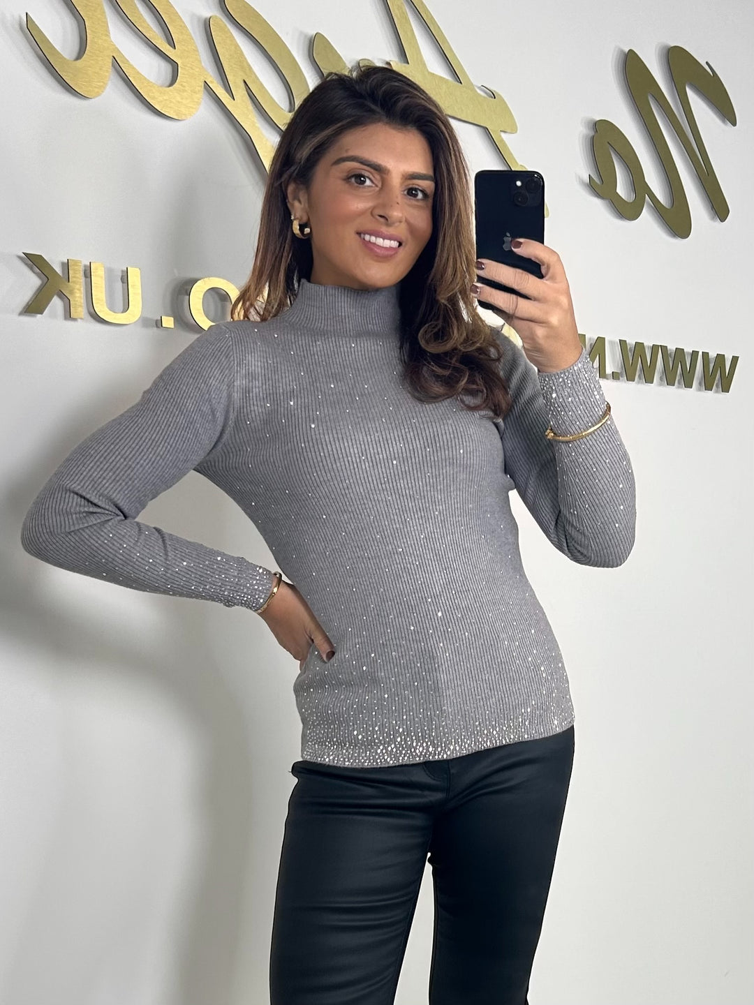 Grey Diamante Scatter High Neck Jumper
