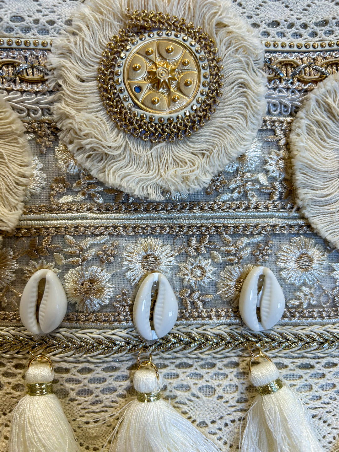 Beige Tassel Shell Detail Clutch Bag