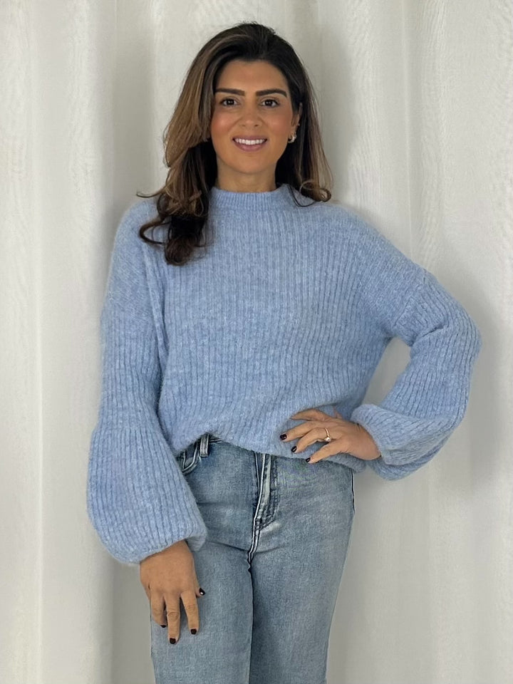 Balloon Sleeve Ribbed Round Neck Jumper (6 Colours)