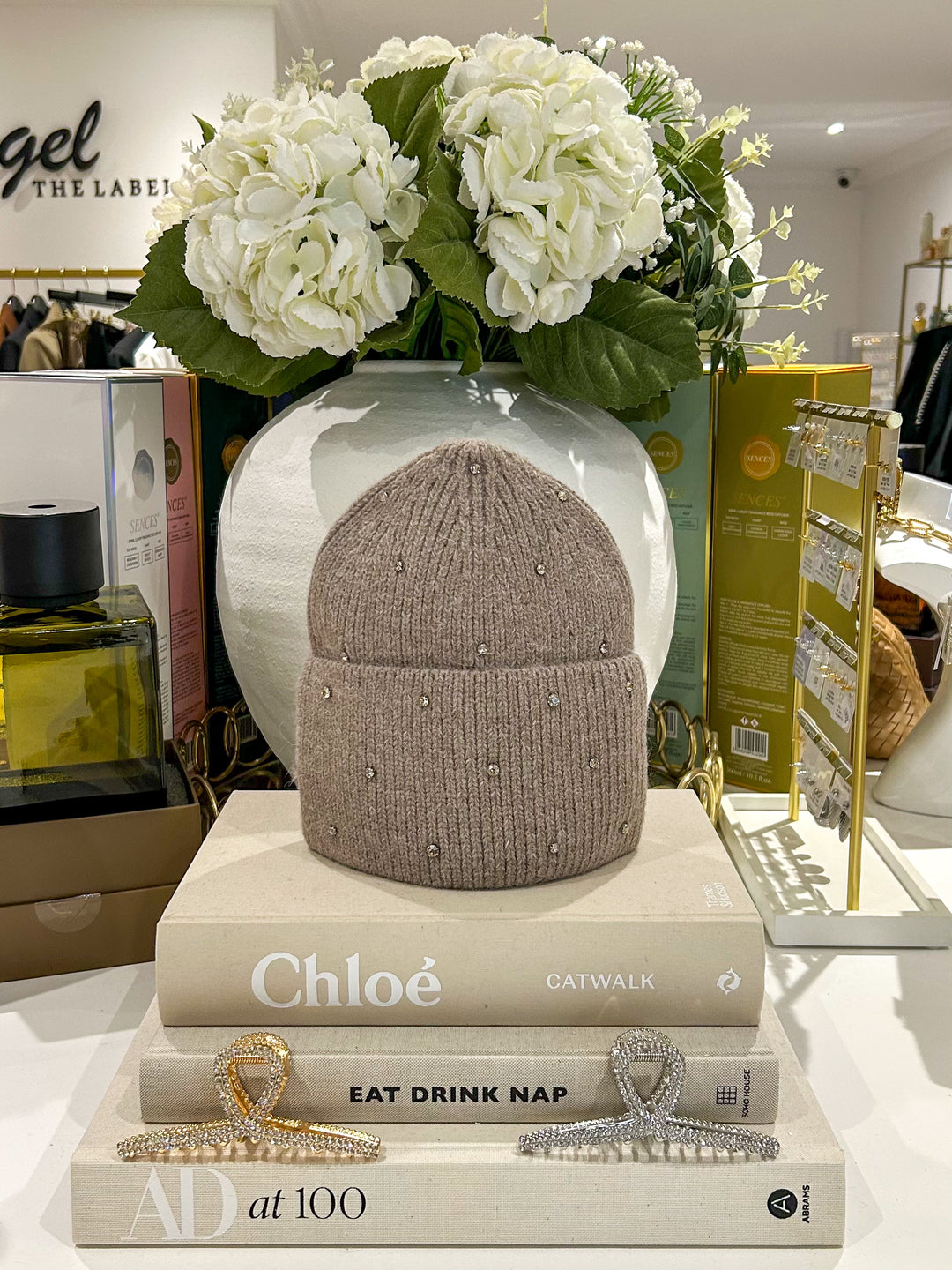 Scattered Diamante Knitted Beanie Hat (3 Colours)