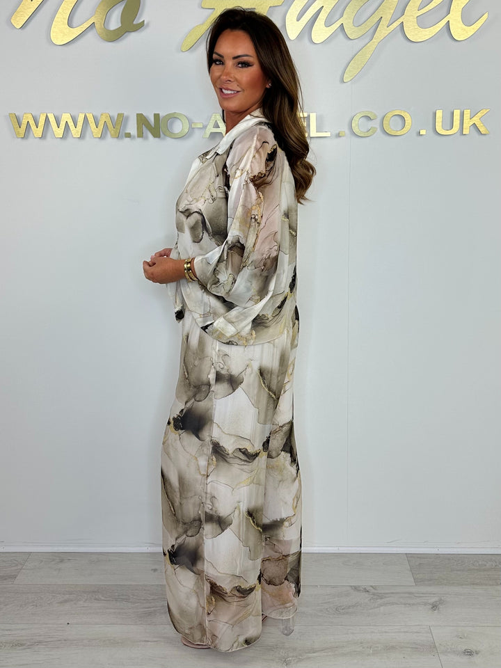 Silk Mix Marble Print Blouse & Trouser Co-ord