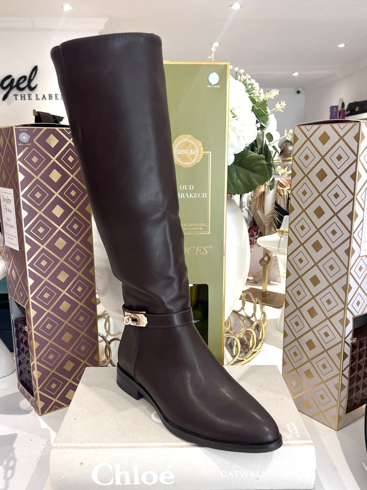 Gold Lock Buckle Pointed Toe Knee High Boots (2 Colours)