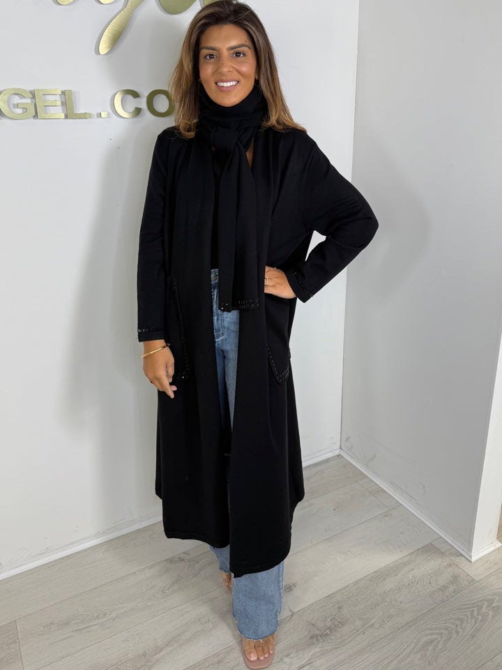Black Knitted Longline Jewelled Detailed Cardigan With Scarf