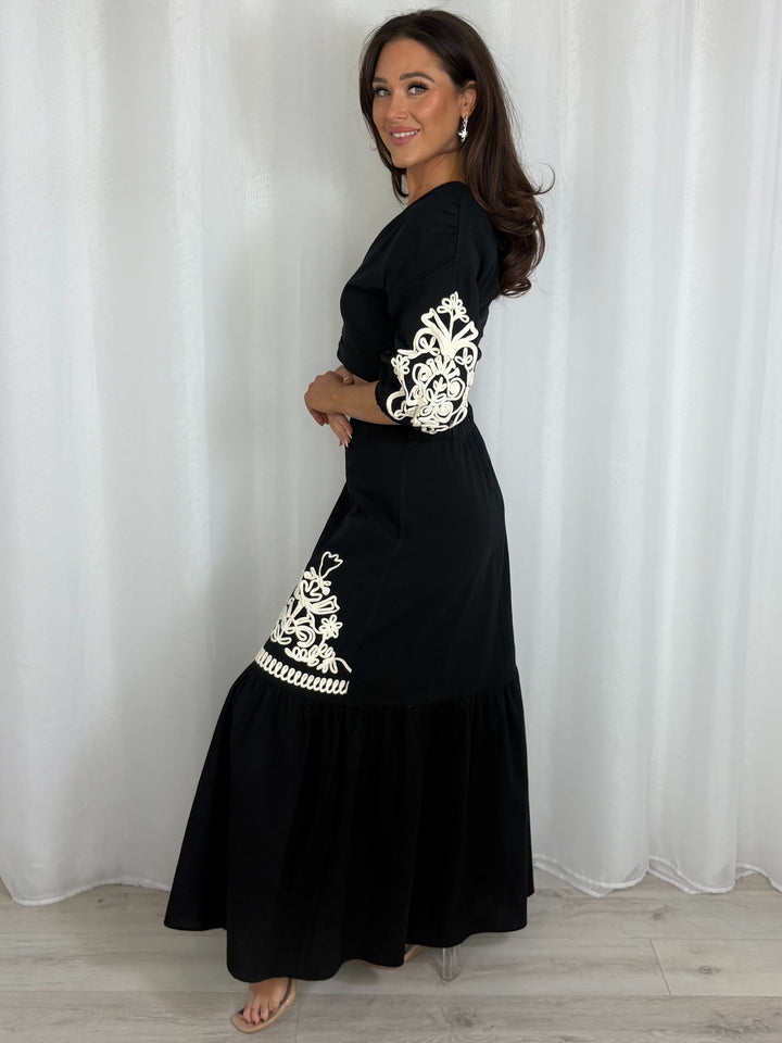 Puff Ball Sleeve Embroidered V-Neck Top And Maxi Skirt Co-Ord (4 Colours)