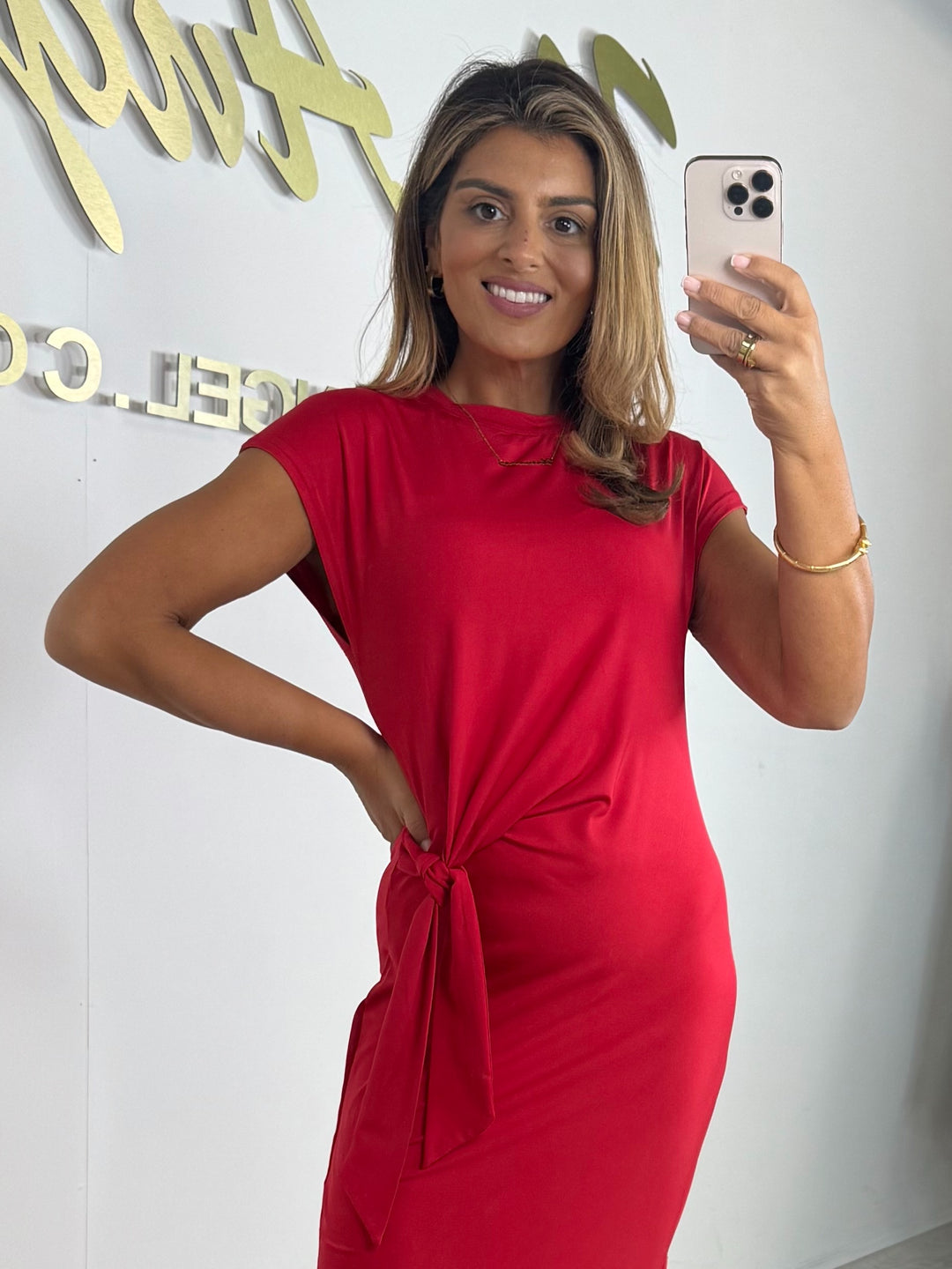 Red Slinky Cap Sleeve Tie Side Midi Dress