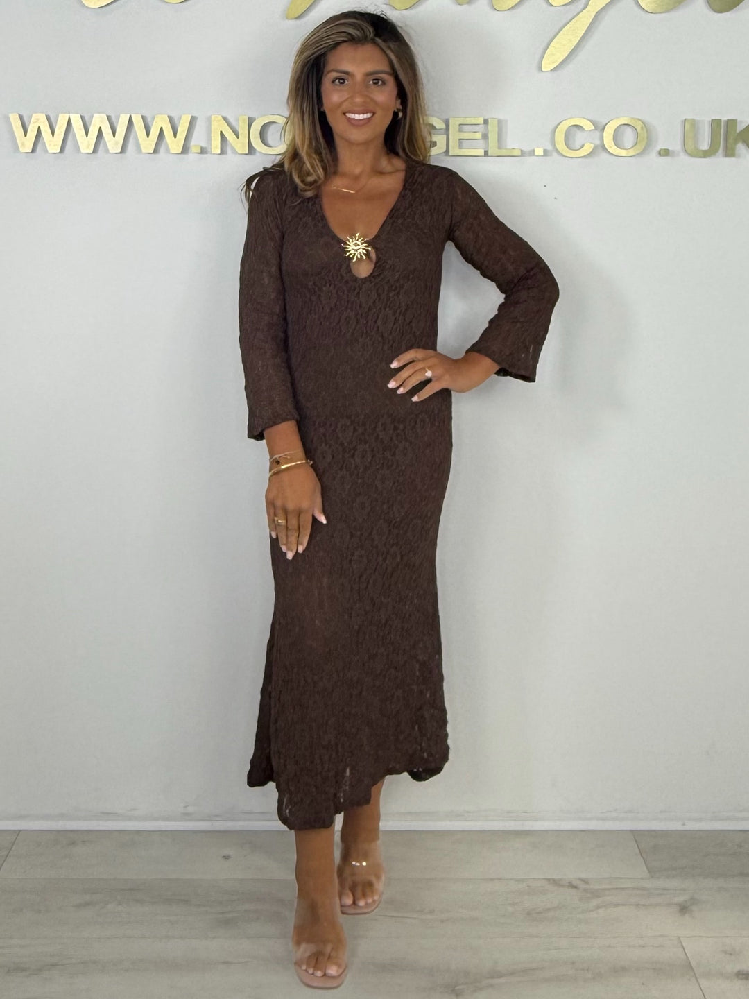 Lace Long Sleeve Deep V-Neck Sun Gold Hardware Maxi Dress (6 Colours)