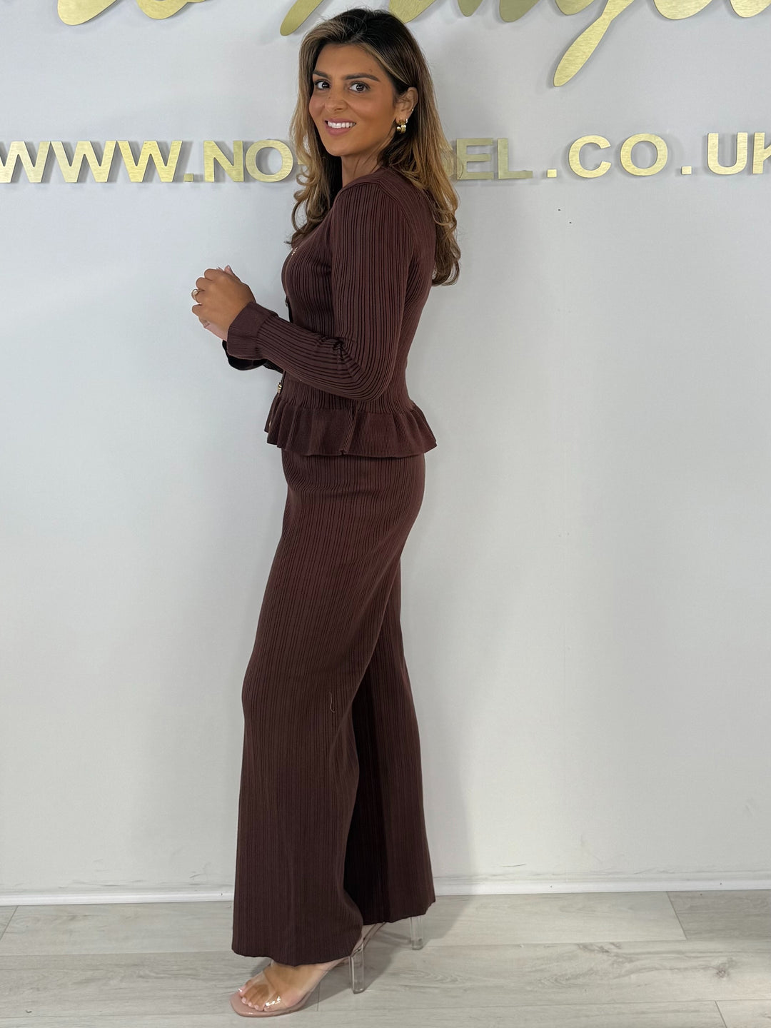 Ribbed V-Neck Gold Button Frill Bottom Cardigan & Trouser Co-Ord (3 Colours)