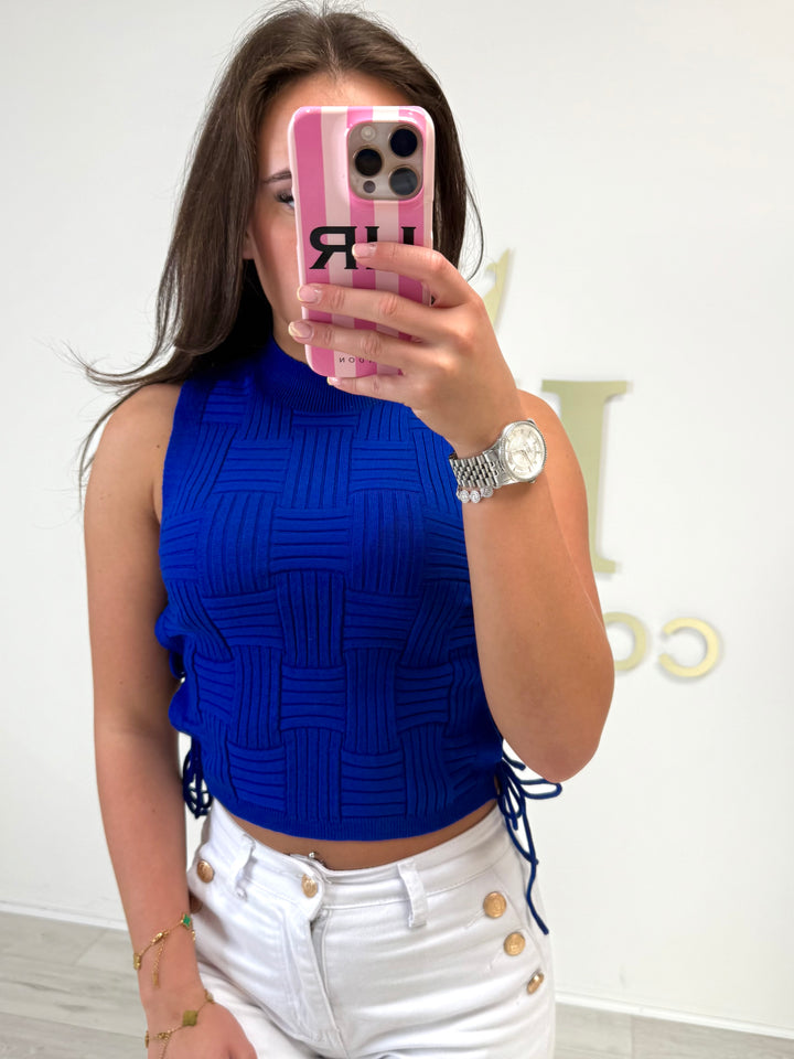 Royal Blue Woven Look Turtle Neck Tie Side Top
