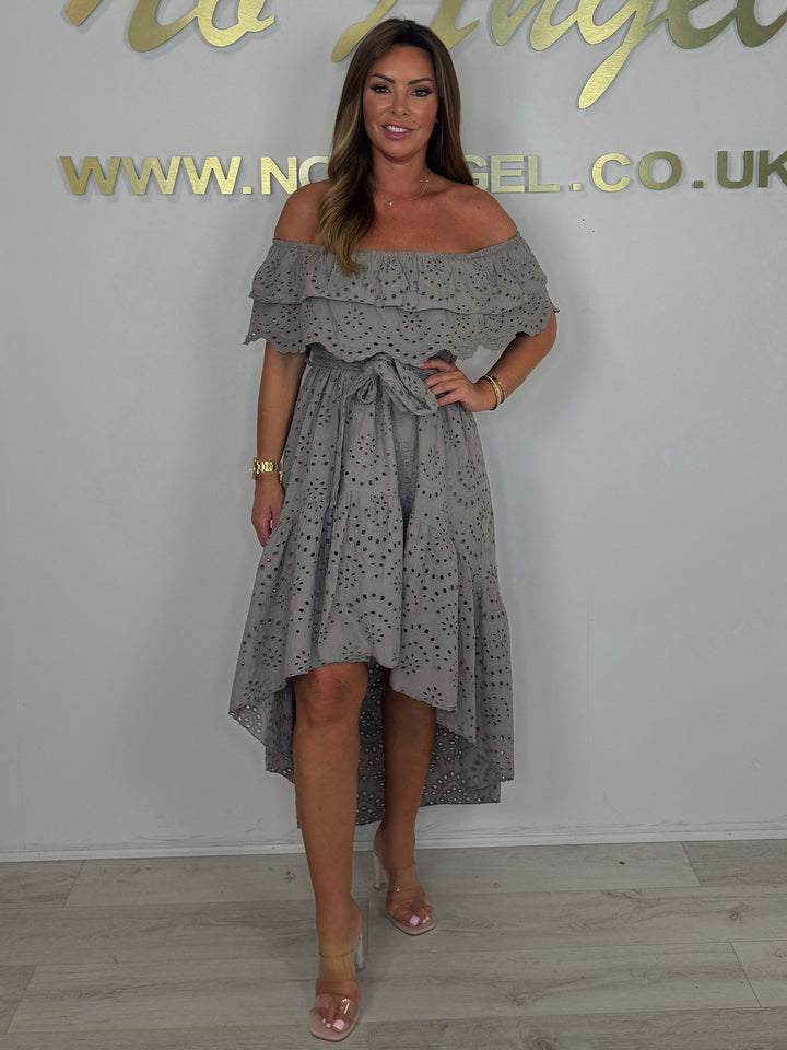 Embroidered Anglaise Laser Cut Bardot High Low Belted Dress (3 Colours)