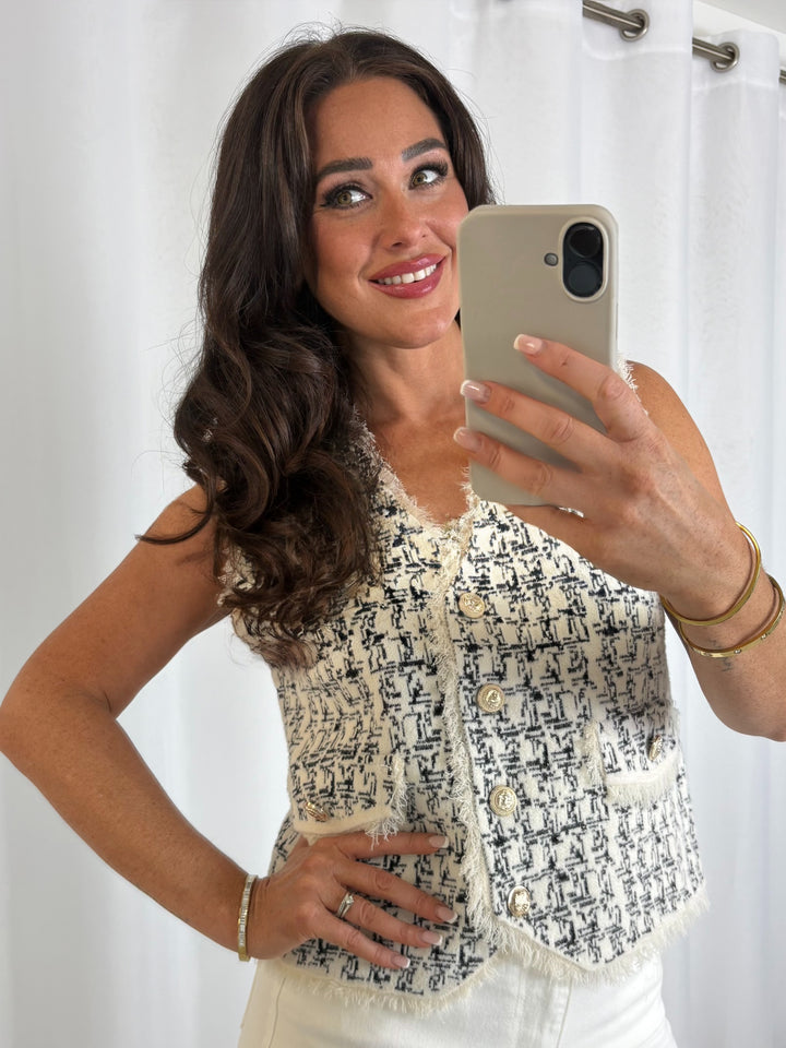 Gold Button Waistcoat Tweed Detail Print (2 Colours)