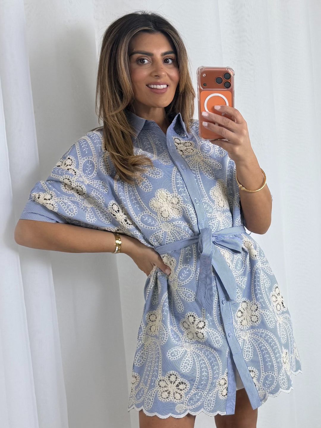 Blue Crochet Belted Scalloped Edge Dress