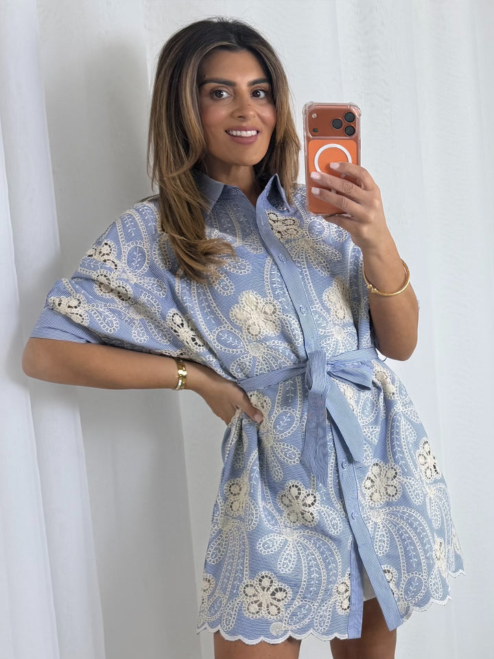 Blue Crochet Belted Scalloped Edge Dress