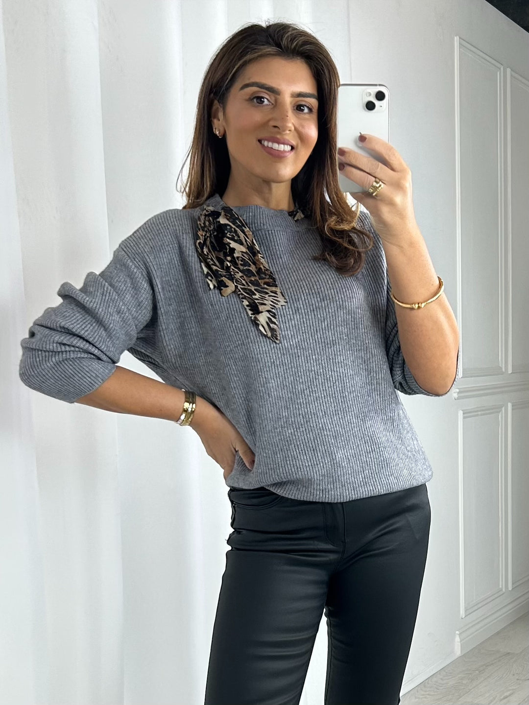 Grey Soft Knit Leopard Neck Tie Jumper