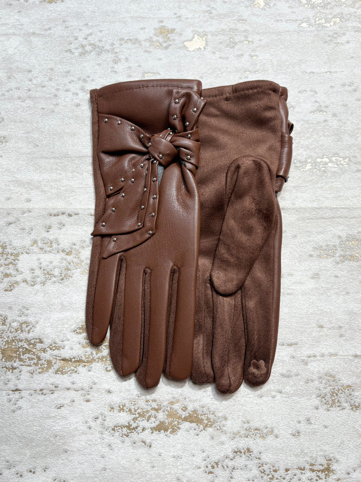 Faux Leather Gloves Studded With Bow (6 Colours)
