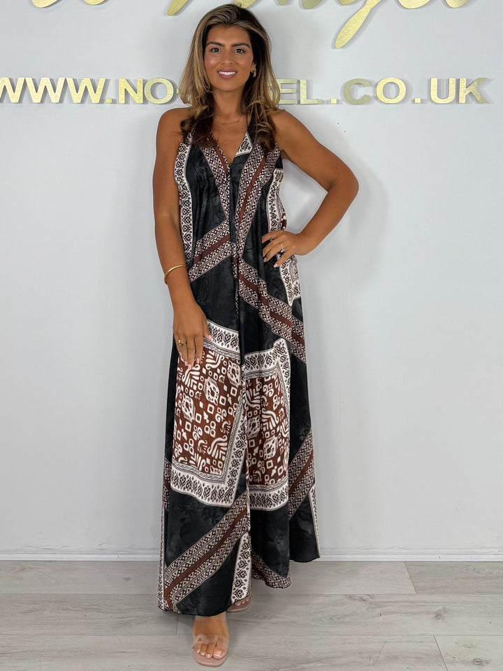 Black/Brown Printed Halter Neck Tie Floaty Maxi Dress