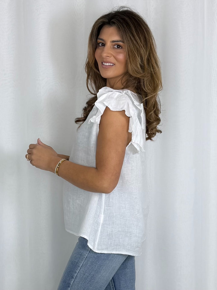 Linen V-Neck Frill Sleeve Top (8 Colours)