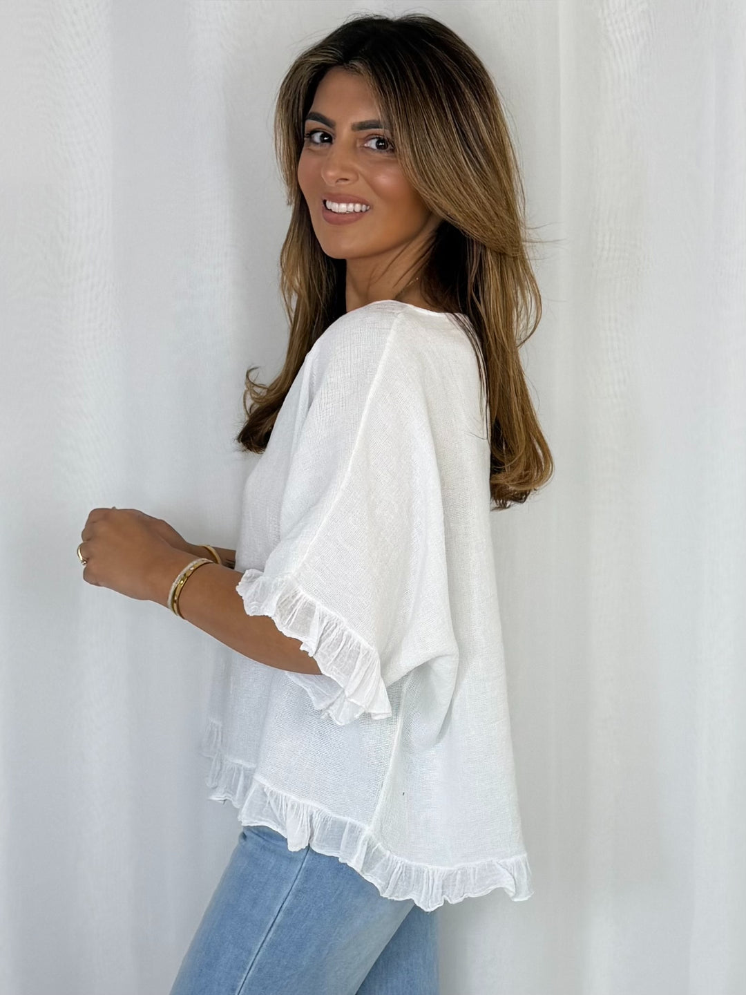 Frill Trim Batwing Top (10 Colours)