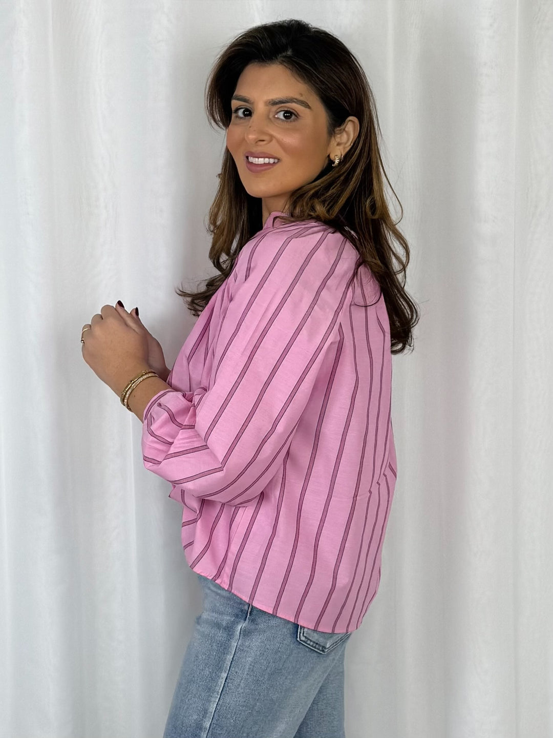 Grandad Collar Stripe Balloon Sleeve Shirt (2 Colours)