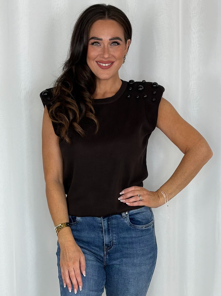 Sleeveless Shoulder Pad Top With Pearl Detail (2 Colours)