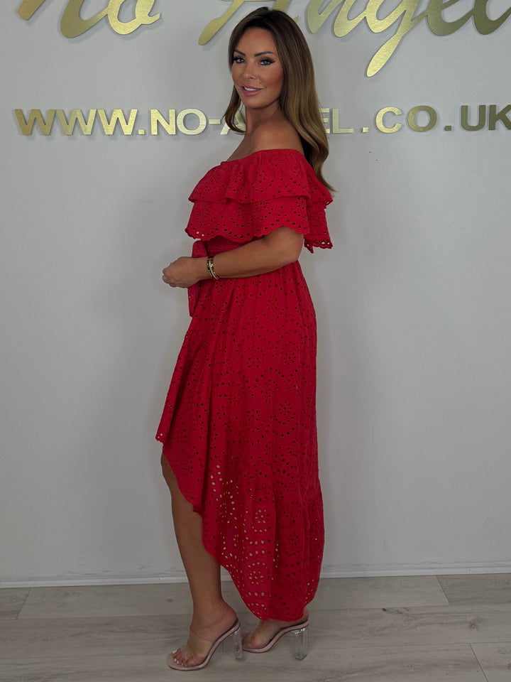 Embroidered Anglaise Laser Cut Bardot High Low Belted Dress (3 Colours)