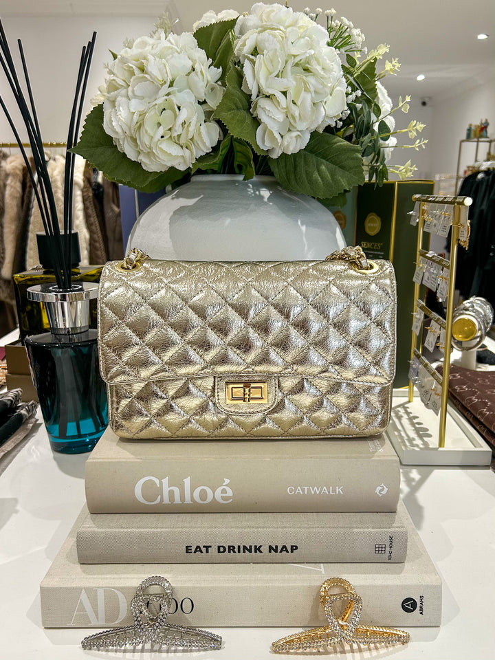 Large Genuine Leather Quilted Turn Lock Chain Handle Handbag (5 Colours)