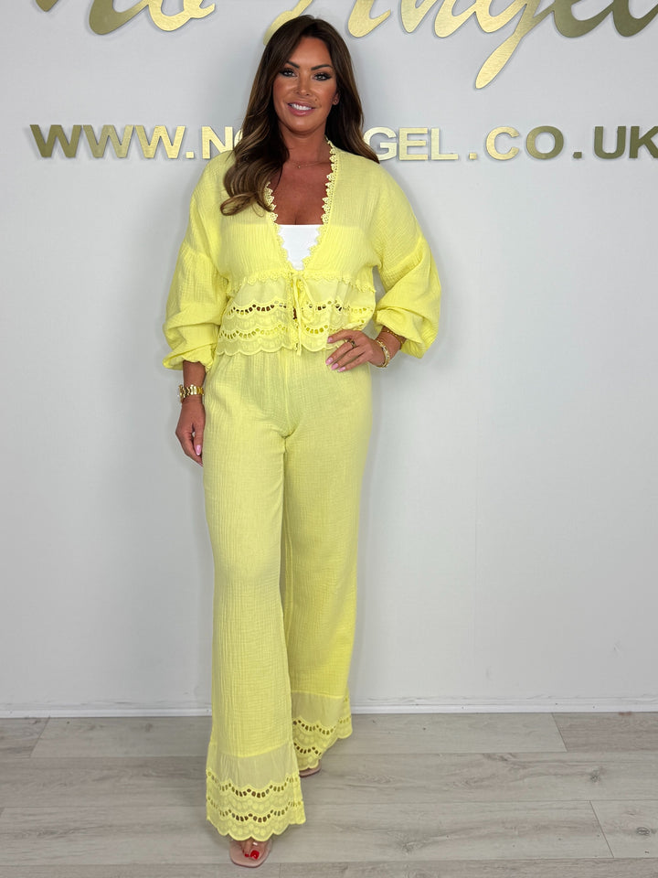 Laser Cut Trim Tie Up Cardigan & Trouser (6 Colours)