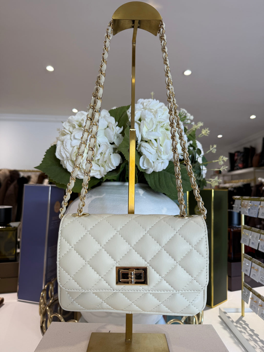 Genuine Leather Quilted Turn Lock Chain Handle Handbag (8 Colours)