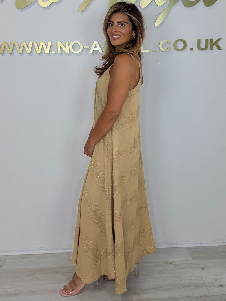 Linen Mix Gold Fleck Spaghetti Strap Handkerchief  Maxi Dress  (2 Colours)