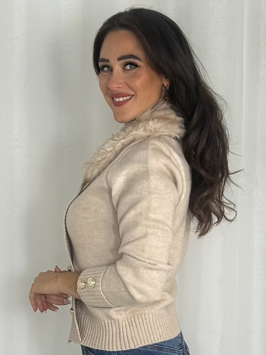 Faux Fur Collar Military Knit Cardigan