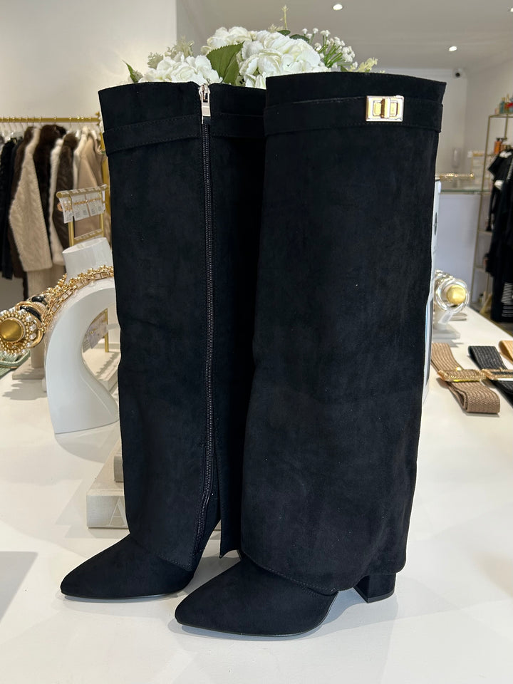 Black Suede Fold Over Gold Buckle Knee High Boots