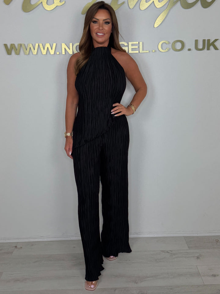 Crinkle Halter Neck Backless Asymmetric Trouser Co-ord (2 Colours)