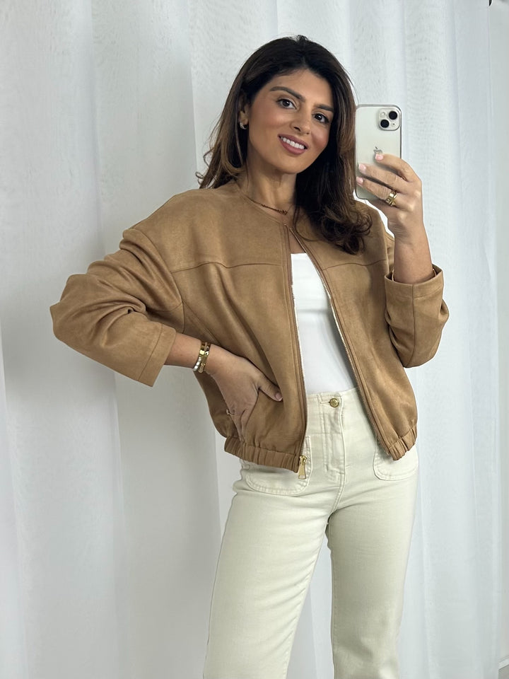 Gold Zip Up Faux Suede Bomber Jacket (2 Colours)