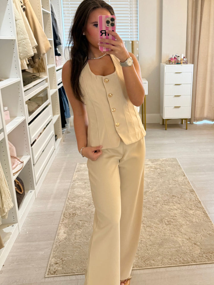 Gold Button Up Halterneck Top & Trouser Co-Ord