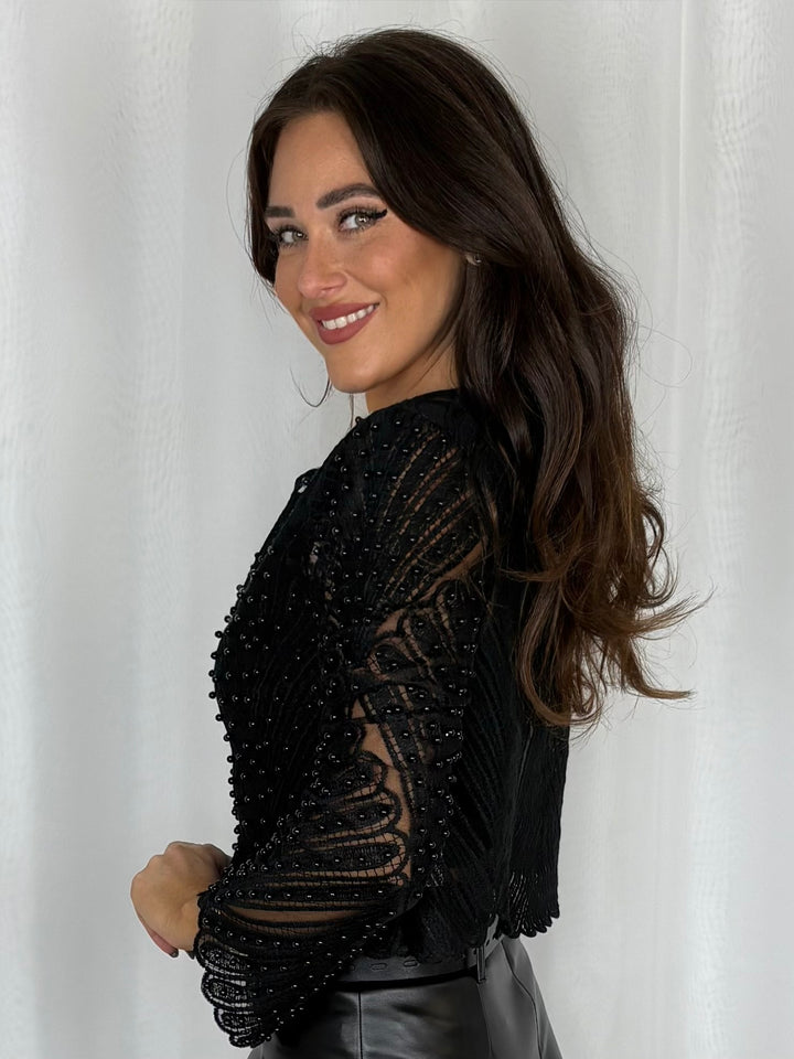 Long sleeve Beaded Top With Embroidery Detail (2 Colours)