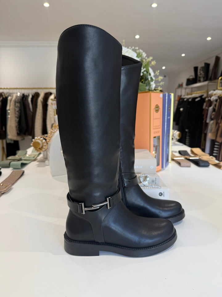 Faux Leather Buckle Side Knee High Boots (2 Colours)