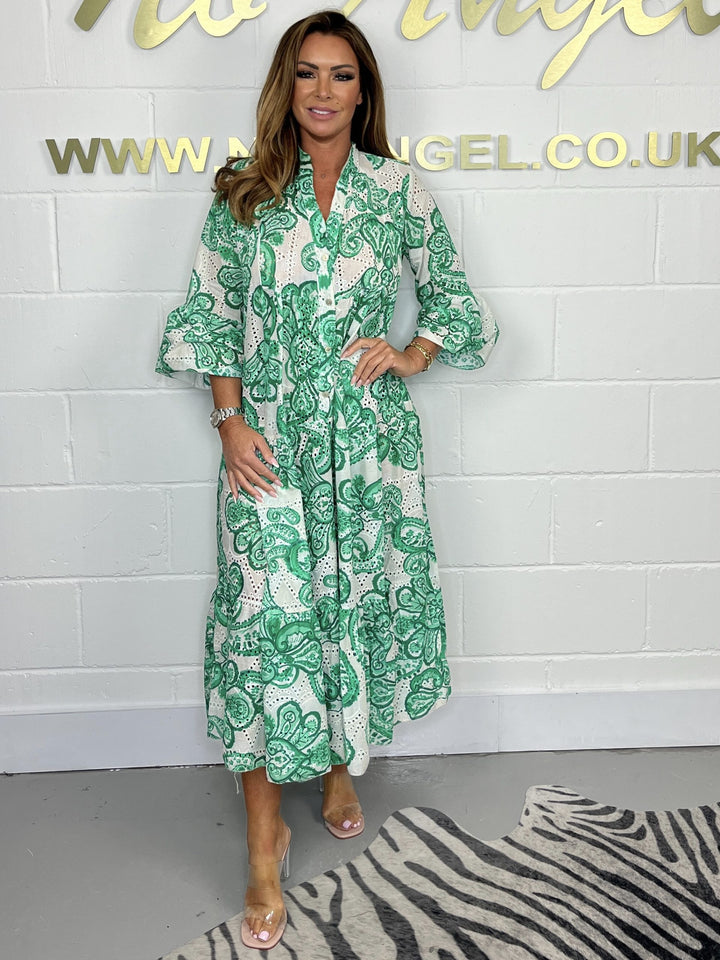 Green Embroidery Anglais Printed Laser Cut Maxi Dress