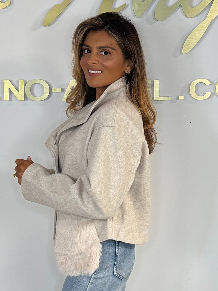 Collared Diamante Button Faux Fur Pocket Jacket (2 Colours)