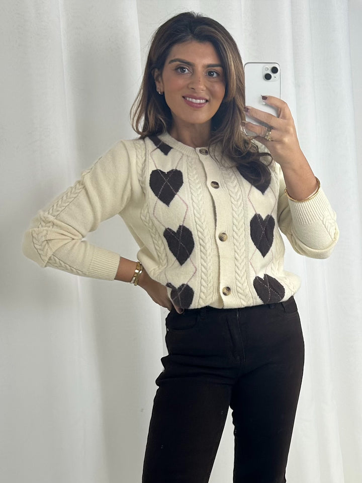 Cable Knit Heart & Diamond Design Soft Knit Cardigan (2 Colours)