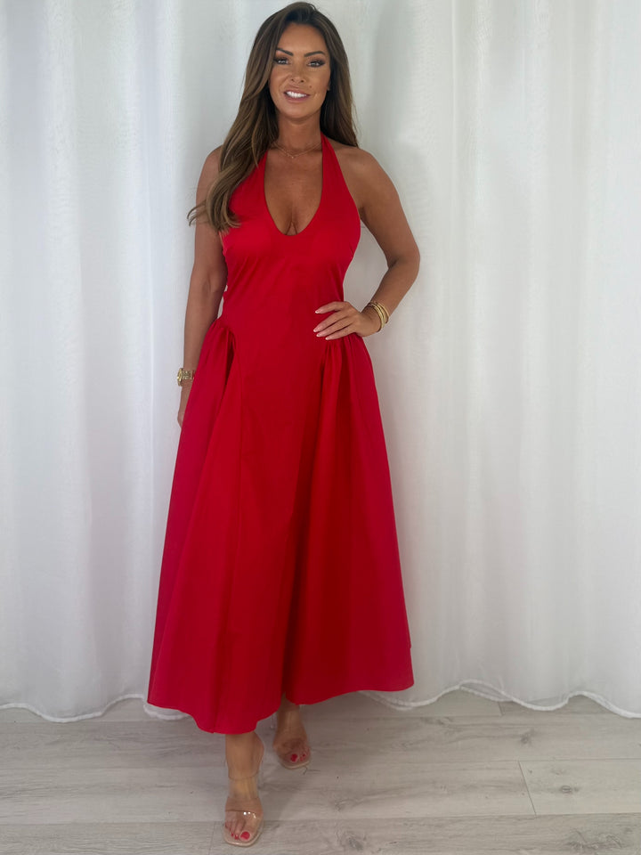 Low V-Neck Peplum Style Midi Dress (3 Colours)