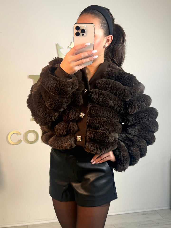 Faux Fur Bubble Detail Gold Button Cardigan (2 Colours)