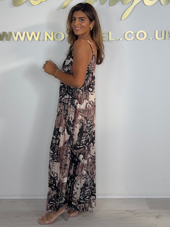 Pleated Printed Spaghetti Strap Maxi Dress (3 Colours)
