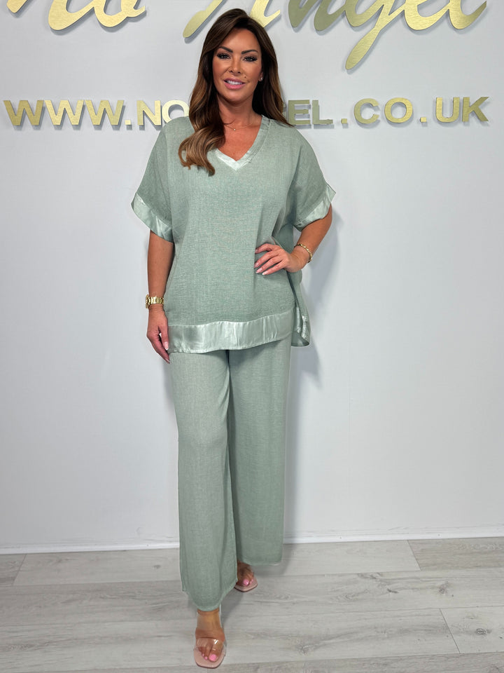 Satin Trim V-Neck Oversize Trouser Co-ord (5 Colours)