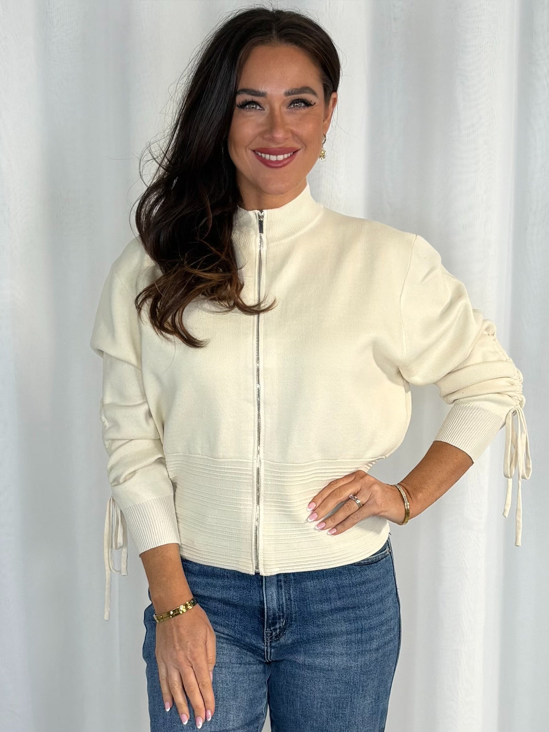 Full Zip Long Sleeve Cinched In Waist Cardigan (4 Colours)
