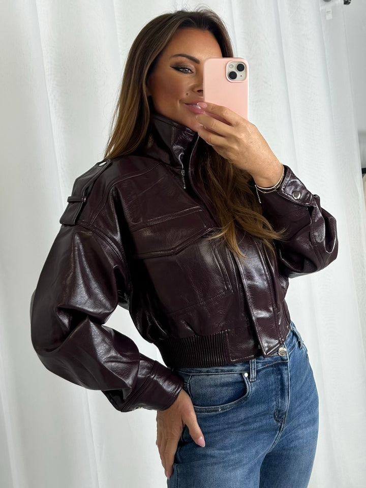 Faux Leather Front Pocket Funnel Neck Jacket