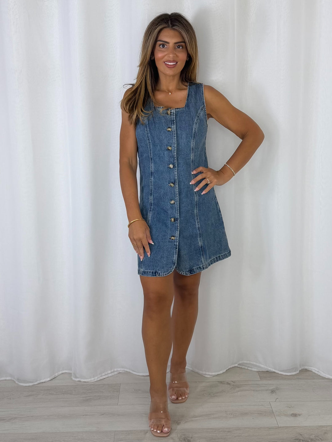 sleeveless denim dress uk Sleeveless Denim Button Through Midi Dress Highstreet Outlet UK