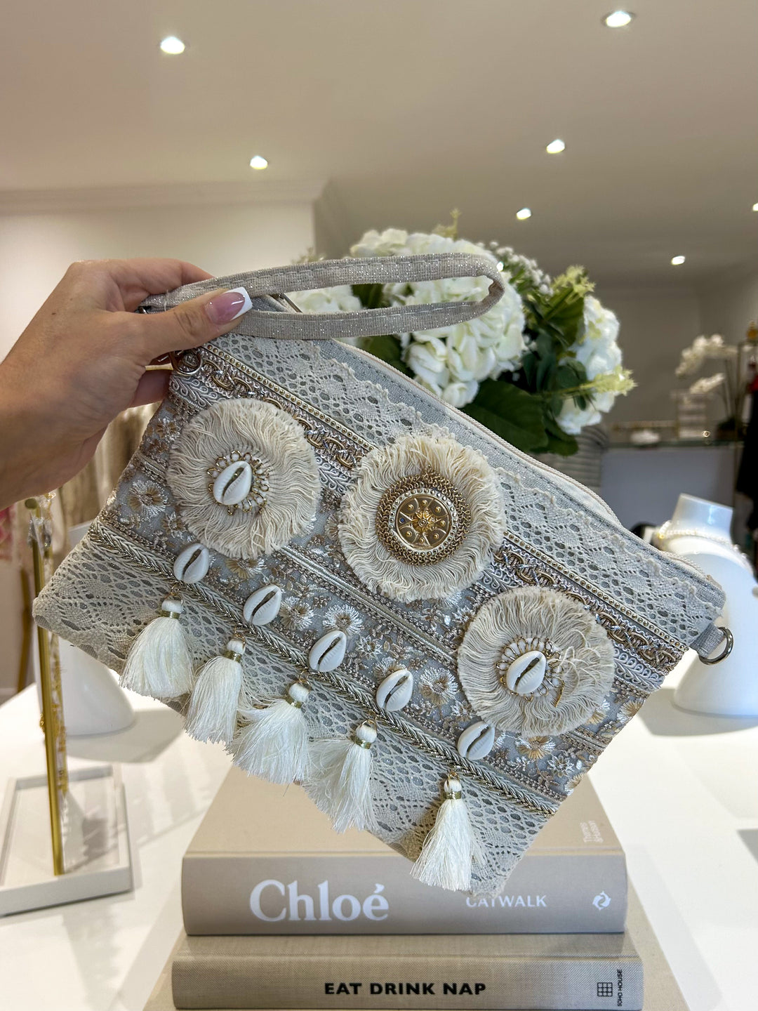 Beige Tassel Shell Detail Clutch Bag