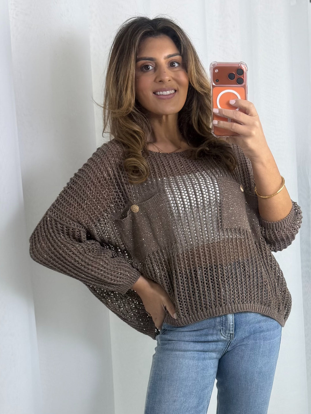 Brown Gold Button Shimmer Top