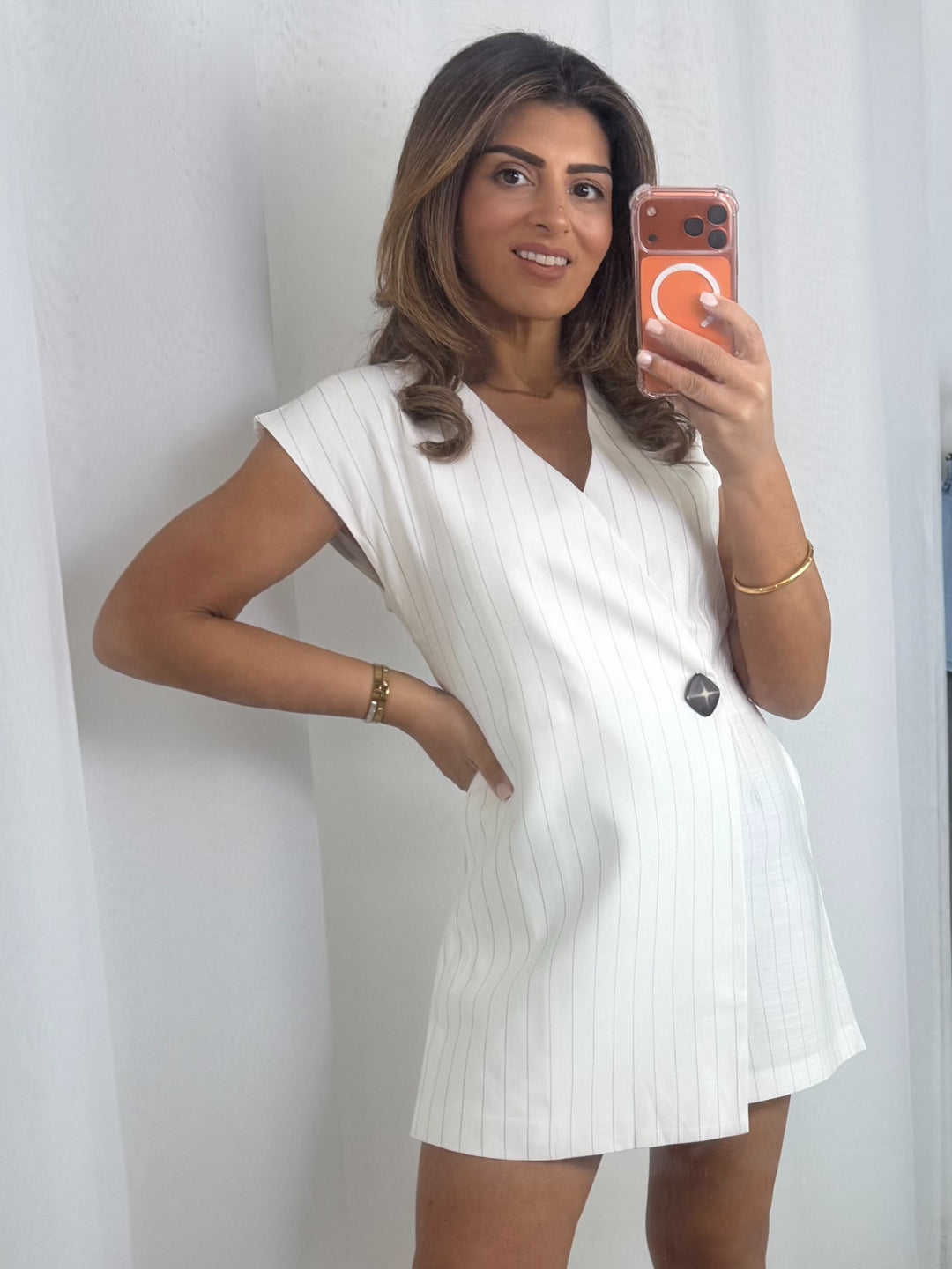 White Pinstripe Single Breasted Playsuit